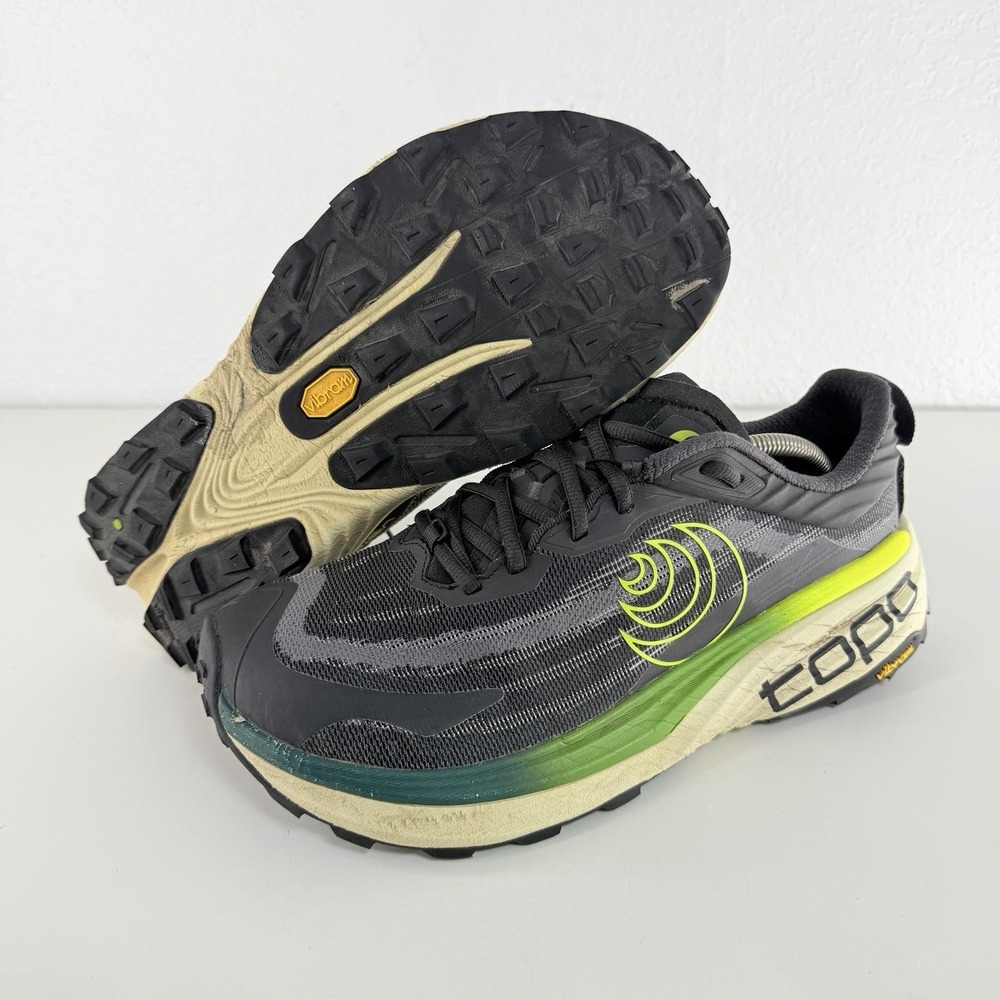 TOPO Vista Black Lime Trail Running Shoes Mens Size 9.5 Vibram Sole Sneaker